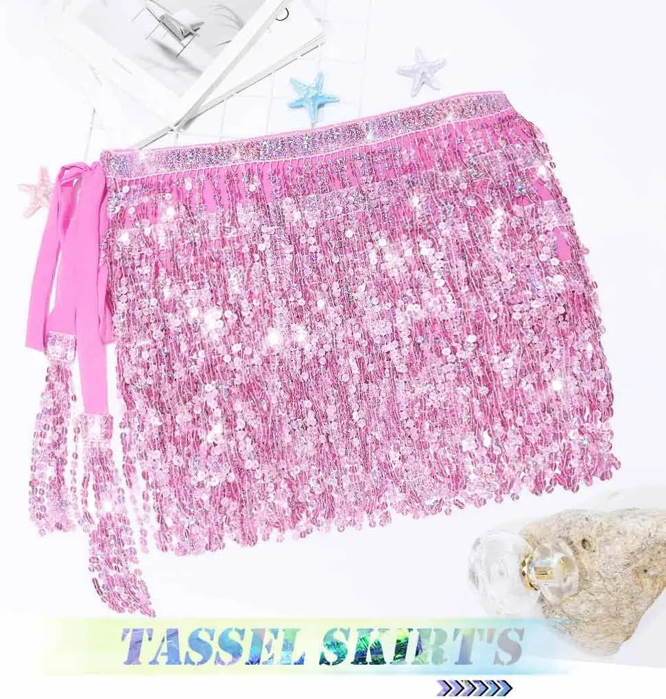 TWINKLEDE Sparkly Sequin Tassel Skirt Rave Fringe Skirts Belly Dance Hip Scarf Belts for Women