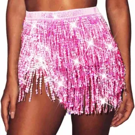 TWINKLEDE Sparkly Sequin Tassel Skirt Rave Fringe Skirts Belly Dance Hip Scarf Belts for Women