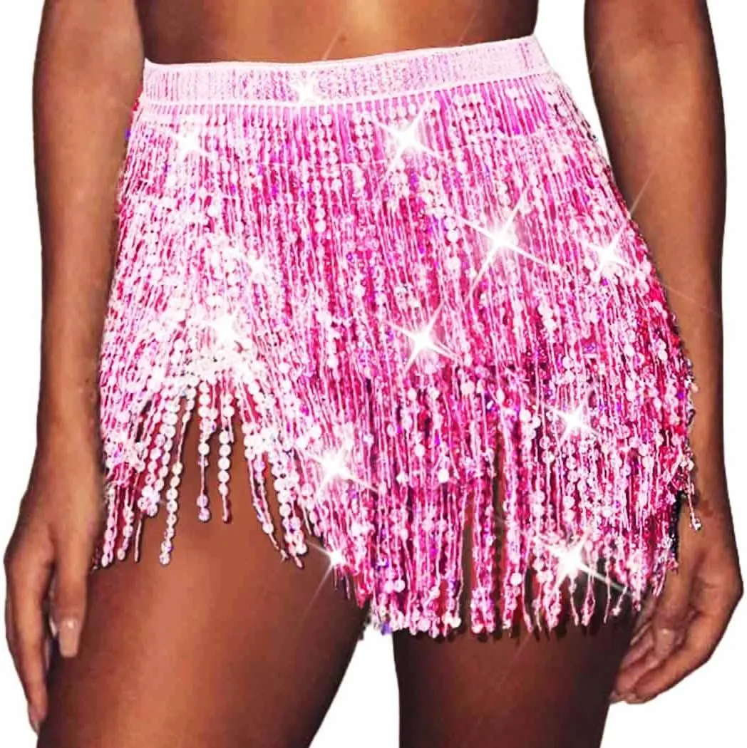 TWINKLEDE Sparkly Sequin Tassel Skirt Rave Fringe Skirts Belly Dance Hip Scarf Belts for Women