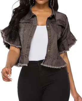 vunahzma Women's Denim Jacket Button Down Distressed Ruffle Sleeve Crop Jean Jackets Coat