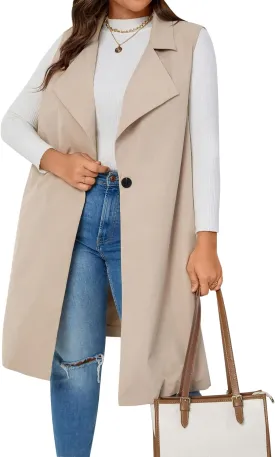 WDIRARA Women's Plus Size Single Button Vest Coat Lapel Neck Sleeveless Elegant Outerwear Coats