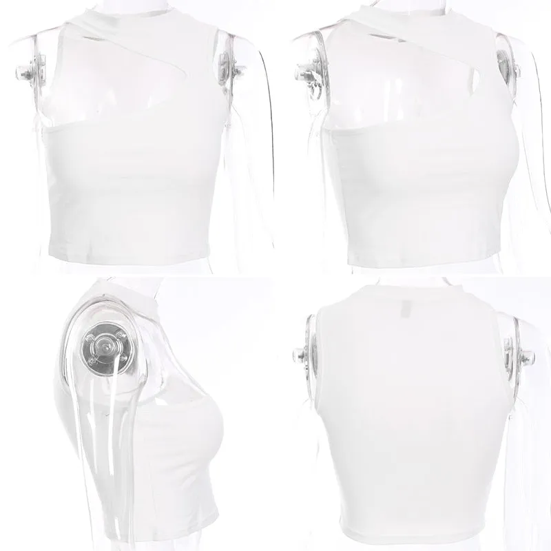 White Crop Top Shirt Sexy Hollow Out Sleeveless Tank