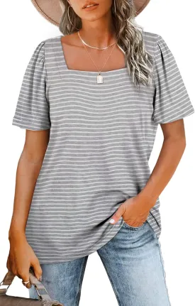 WIHOLL Womens Summer Tops Casual Square Neck Puff Short Sleeve T Shirts