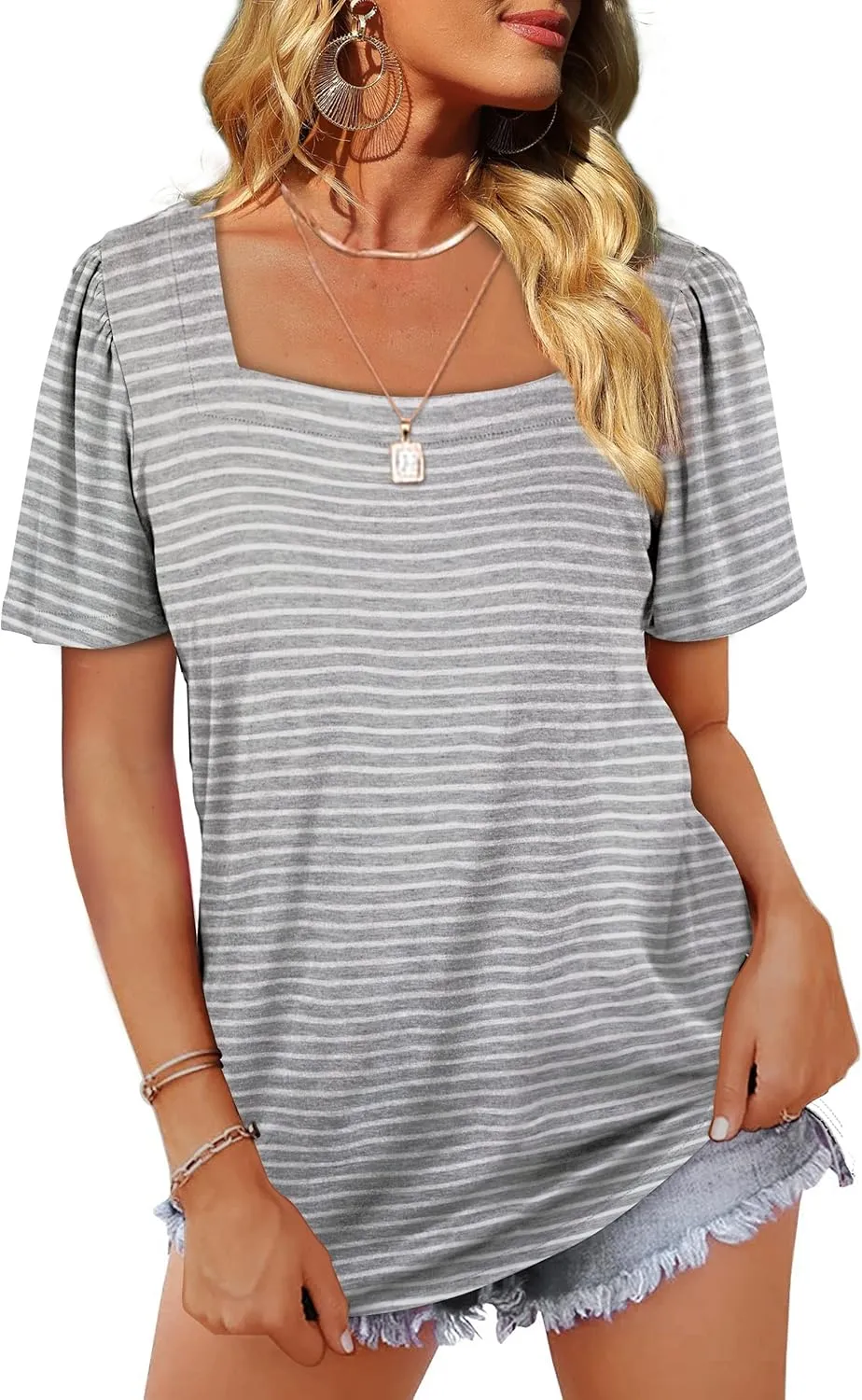 WIHOLL Womens Summer Tops Casual Square Neck Puff Short Sleeve T Shirts