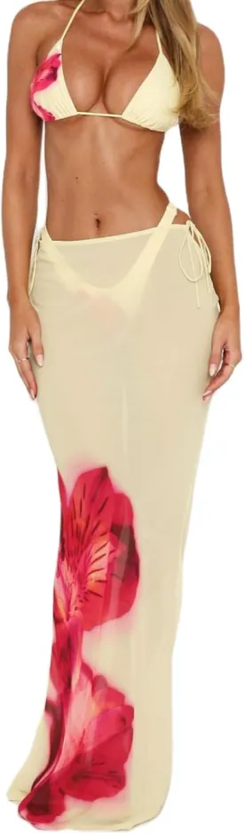 Women Floral Sheer Mesh Midi Skirt See Through High Waist Bodycon Long Skirt Boho Cover Up Summer Beach Skirts