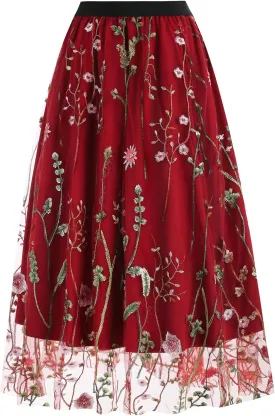 Women Vintage Floral Embroidered Tulle Midi Skirt 50s Party Elastic High Waist A-line Swing Skirts