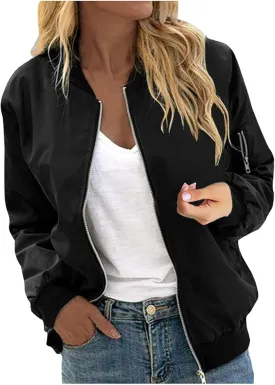 Women's Bomber Jacket 2024 Casual Fall Coats Fashion Zip Up Long Sleeve Outerwear Windbreaker with Pockets, Large