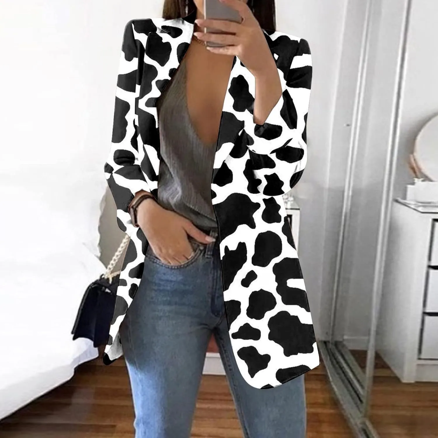 Women's Fall Casual Trendy Long Sleeve Lapel Floral Cardigan Jacket Plus Size