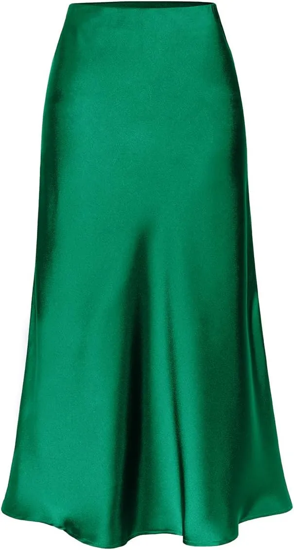 Womens High Waisted Satin Midi Skirts Elegant Flared A Line Elastic Waistband Silk Slit Skirt for Women
