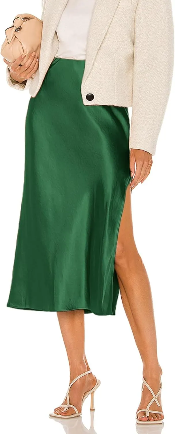 Womens High Waisted Satin Midi Skirts Elegant Flared A Line Elastic Waistband Silk Slit Skirt for Women