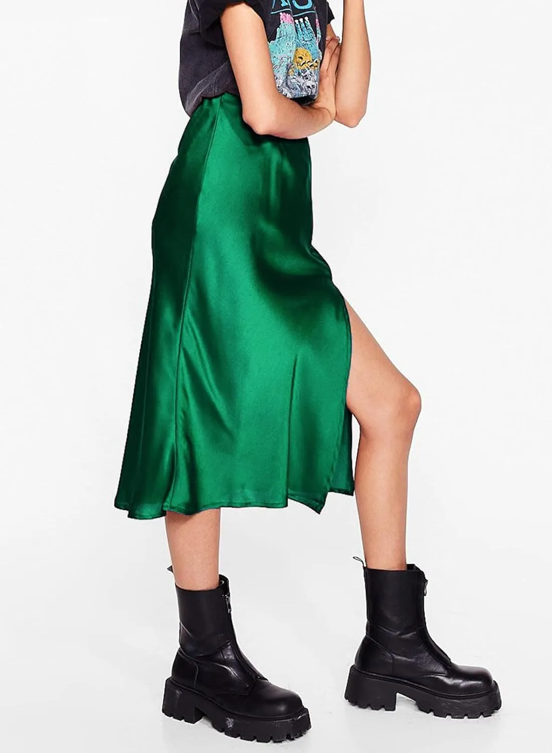 Womens High Waisted Satin Midi Skirts Elegant Flared A Line Elastic Waistband Silk Slit Skirt for Women
