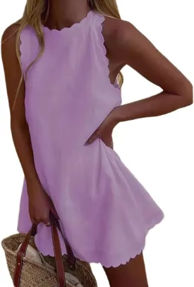 Womens Linen Sleeveless Tank Dress Crewneck Scallop Summer Short Dress Loose Casual Solid Color Flowy Beach Sundress