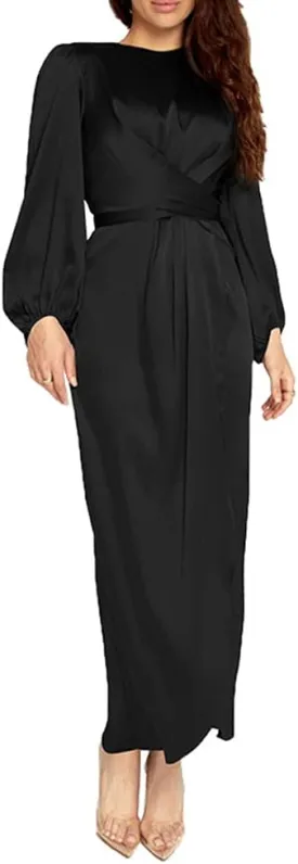Women's Plain Satin Abaya Dress Round Collar Balloon Sleeve Wrap Waist Slit Maxi Dress Middle Eastern Muslim Gown