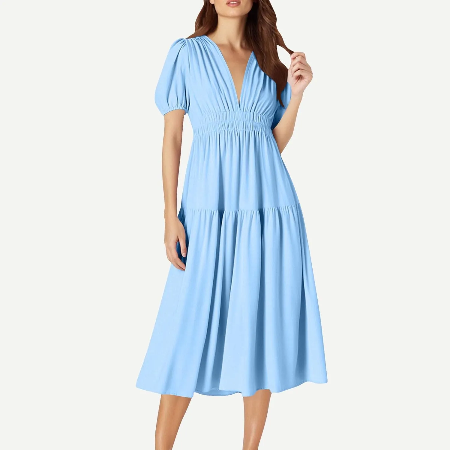 Women's Puff Sleeve Tiered Maxi Dresses Comfy V-Neck Flowy Sundress Empire Waist Pocket Casual Summer Elegant Soft Dress