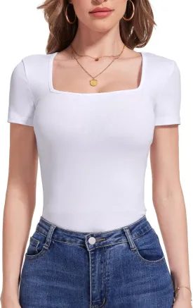 Womens Short Sleeve Square Neck Tops Slim fit T Shirts Sexy Cute Dressy Casual Summer Top Basic Tee Tshirt Blouse