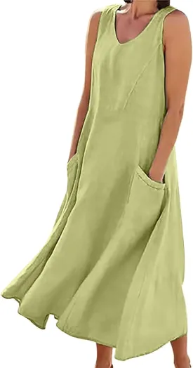 Women's Summer Cotton Linen Long Dress Sleeveless Elegant Flowy Dresses Plus Size Loose Comfy Dresses with Pockets