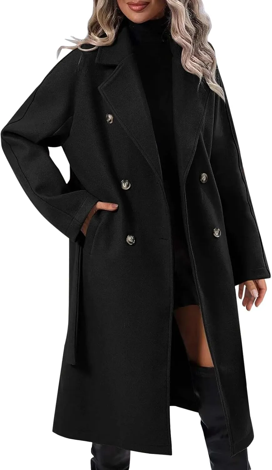 Womens Trench Coat Double Breasted Suit Collar Length Overcoat Warm Windproof Work Business Classic Outwear with Belt