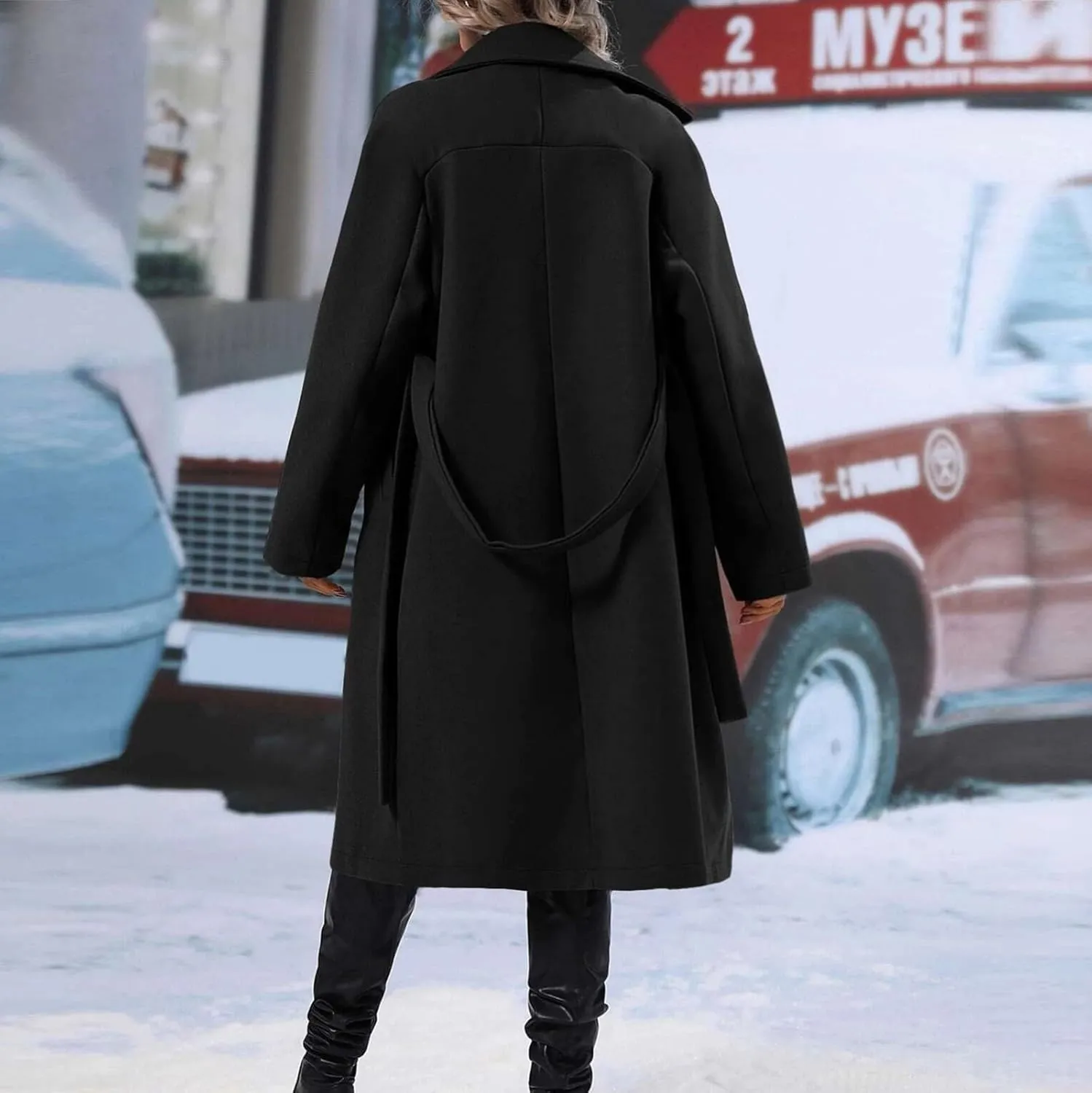Womens Trench Coat Double Breasted Suit Collar Length Overcoat Warm Windproof Work Business Classic Outwear with Belt