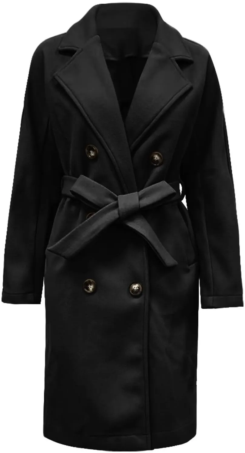 Womens Trench Coat Double Breasted Suit Collar Length Overcoat Warm Windproof Work Business Classic Outwear with Belt