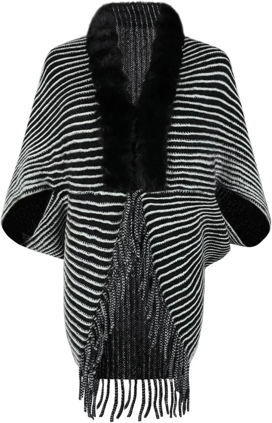 XUNRYAN Womens Faux-Fur Cape Coat Shawl Sweaters Cardigan Open Front Poncho Cotton Wool-Blend Wraps Jacket Fall Winter