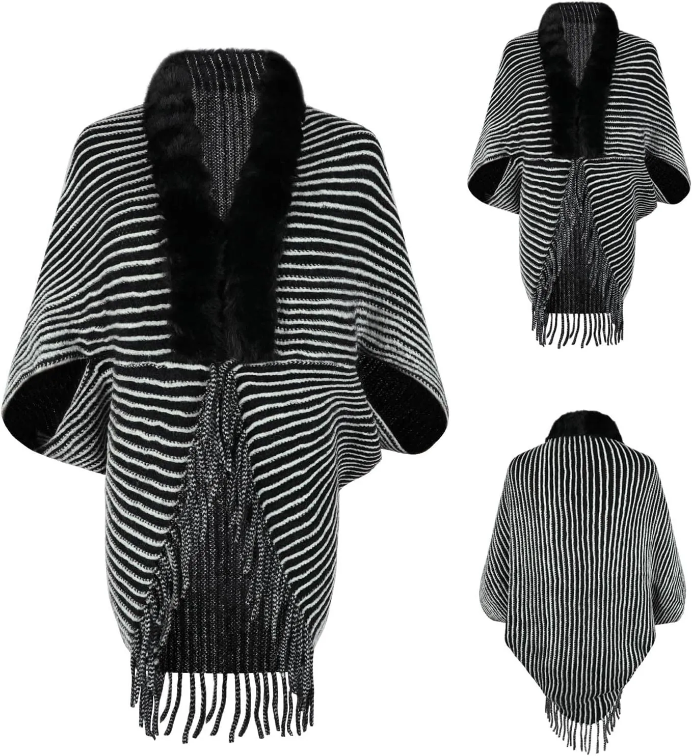 XUNRYAN Womens Faux-Fur Cape Coat Shawl Sweaters Cardigan Open Front Poncho Cotton Wool-Blend Wraps Jacket Fall Winter