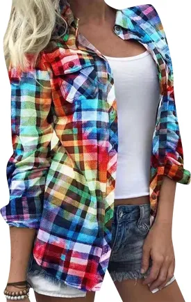 YMING Womens Button Down Flannel Shirts Long Sleeve Plaid Cardigan Casual Color Block Blouse Top with Pockets